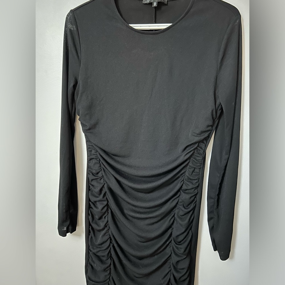 Ruched black dress with long semi sheer sleeves